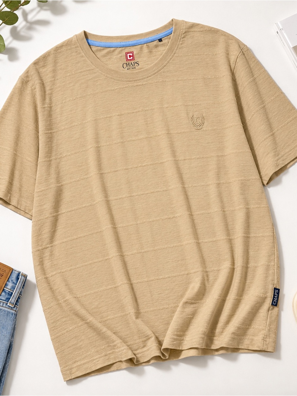 Chaps Men’s Short Sleeve Crew Tee in Tan‎ with Blue Neck Trim